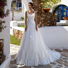 Elegant Pleaed Wedding Dress Sleeveless Appliques Backless Tulle Bridal Gowns US