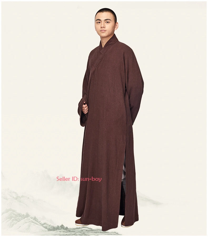 Shaolin Buddhist Monk Dress Meditation Cotton Linen Long Robe Gown Kung Fu Suit - Image 4 of 4