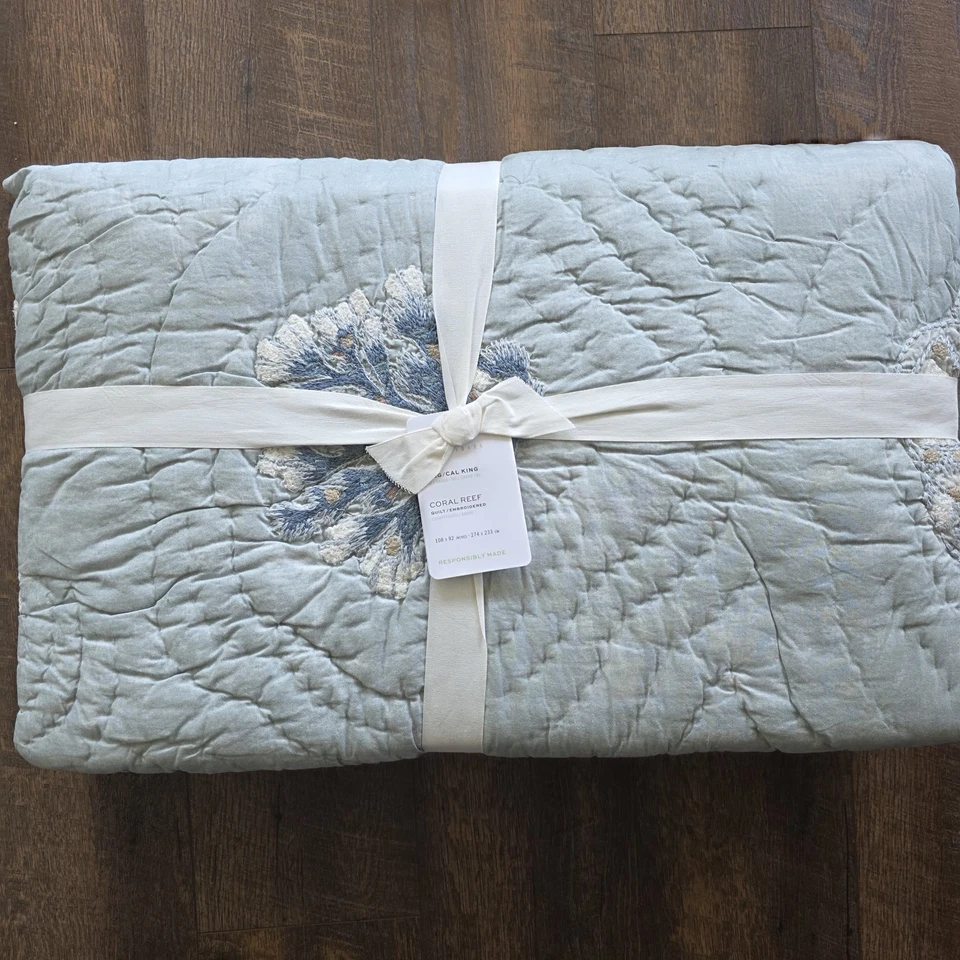 Pottery Barn Coral Reef Embroidered Quilt KING Beach Blue New - Image 4 of 4