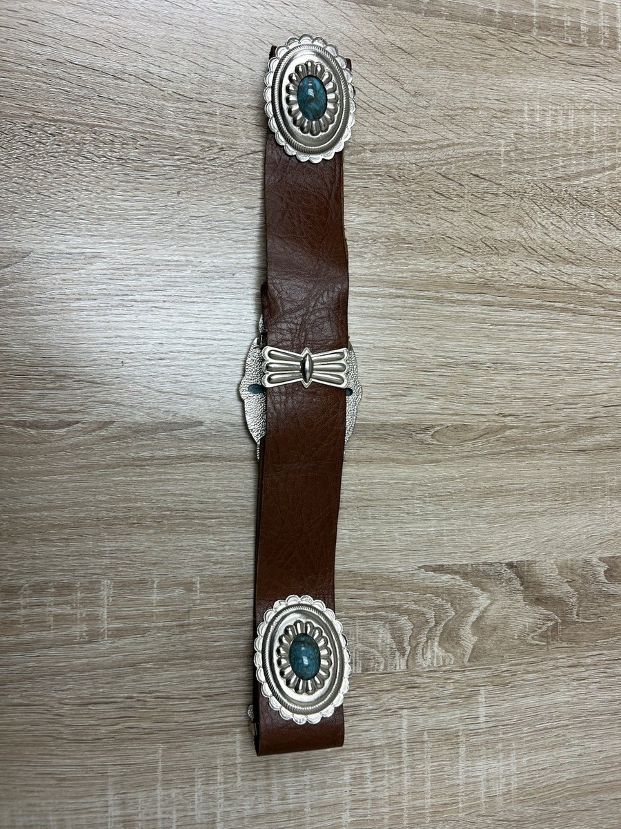 VTG Brown Leather Concho Silver Turquoise Cowgirl Bohemian Belt Western S Vintage Accessocraft NYC Concho Belt Leather Turquoise  main image 2