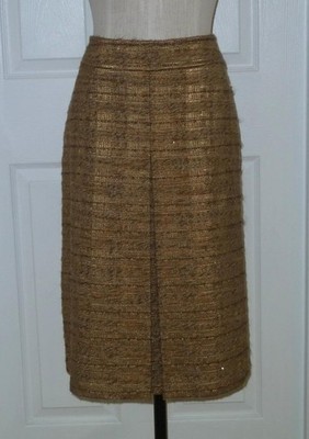 Barneys NY Italy Wool Metal Gold Tweed Skirt Business Cocktail 46 US 10/12 WOW!