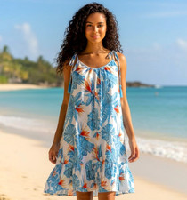 Blue Island White Tropical Floral Print Sleeveless Beach Dress Size L NWT