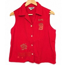 Vintage C.M. Shapes Red Sleeveless Cotton Button Front Blouse Tropical Floral M