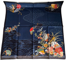 RARE Vtg Japanese Textile Handkerchief 21" Fan Floral Art Indigo Style Scarf F/S