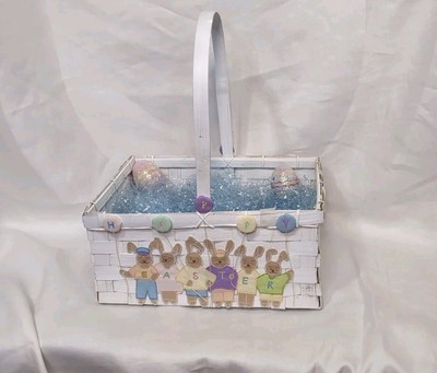 White Decorated Easter Basket 8'' X 11'' Wooden 