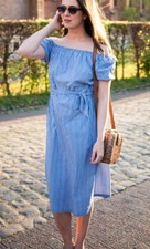 Zara Blue And White Off The Shoulder Midi Dress Size XS