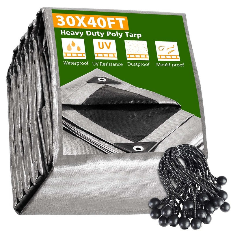 AplusChoice 30x40FT 10Mil Plastic Tarp Waterproof Heavy Duty 25P 9" Bungee Cords