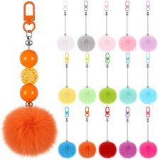 30 Packs Beadable Keychain Bars with Pompom DIY Blank Beaded Keychain Fluffy ...