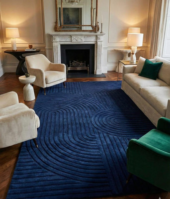 Hand Tufted Wool Rug Navy Blue Geometric Area Rug Modern 3D Textured Carpet