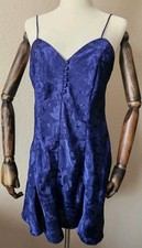 Vintage Kathryn Textured Dark Indigo Floral Satin Button V-neck Slip Dress M