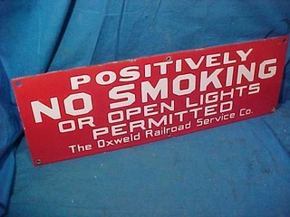 1930s OXWELD RAILROAD SERVICE Co NO SMOKING Porcelain ENAMEL SIGN