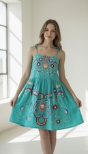 Hibis Lace Works Women's Dress Sleeveless Embroidered Floral Green Size S