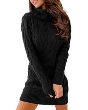 Black Cable Knit Turtleneck Long Sleeve Sweater Dress Women's Short Casual