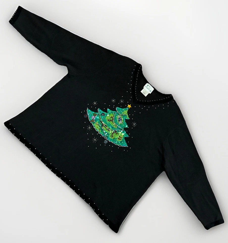 VTG Ugly Christmas Sweater Black Christmas Tree Sequin Beaded Holiday Womens 3XL - Image 4 of 4