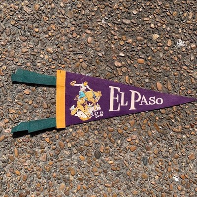 Vintage El Paso Texas Pennant Cowboy LET 'ER BUCK Rodeo Souvenir Felt Banner 12''