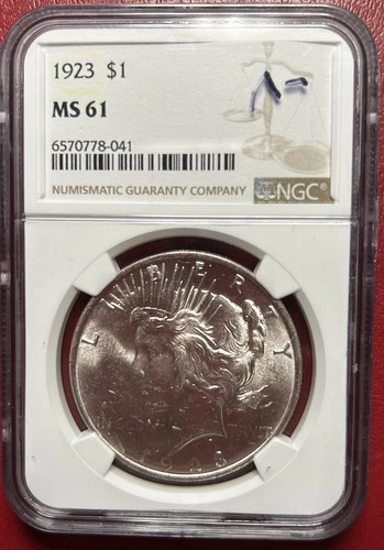1923 Peace Dollar. NGC MS-61. Free Shipping