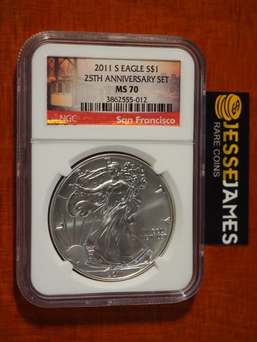 2011 S SILVER EAGLE NGC MS70 FROM THE 25TH ANNIVERSARY SET TROLLEY CAR LABEL