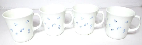 Vintage Corning Glass Mugs SET OF 4 Provincial Blue Flowers 3 1/2" Tall