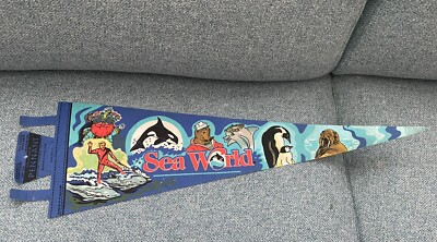 Sea World Pennant vtg Felt Banner Souvenir penguin walrus dolphin mascot USA 