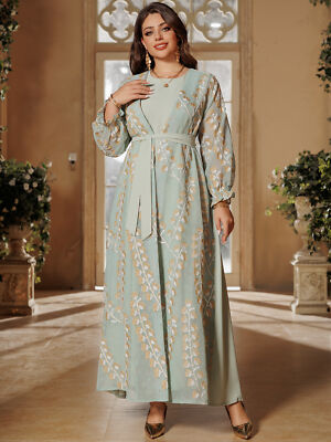 Embroidery Open Kimono Dubai Women Dress Set Kaftan Abaya Muslim Robe Arab  Gown | eBay