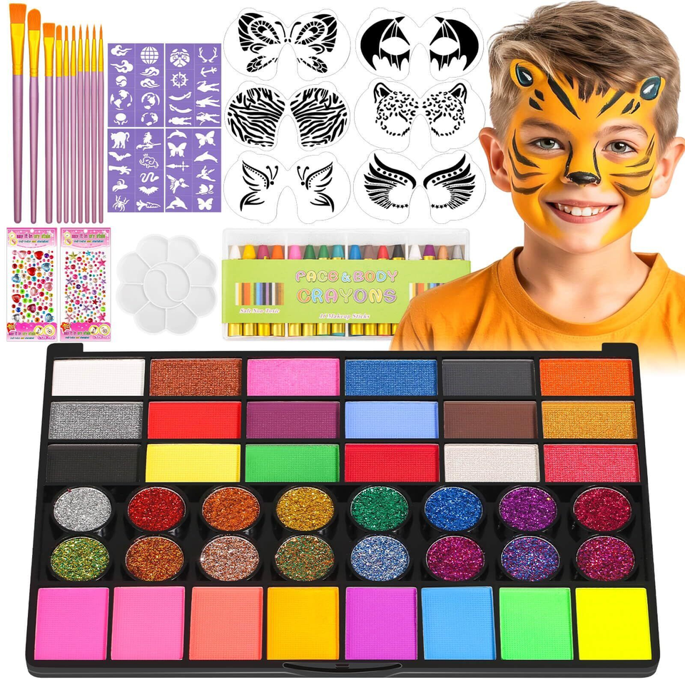 Face Painting Kit for Kids with Stencils, 42 Colors Non Toxic Face