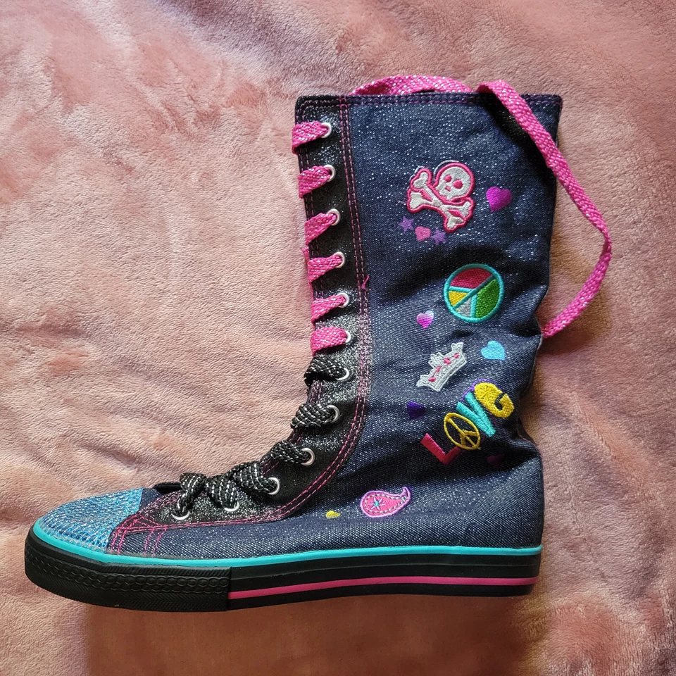 Nuevas Botas Tenis Niñas Talla 5 Azul Brillo Denim Peace Love Hasta la Rodilla Nuevas con Etiquetas Foto 2 de 4