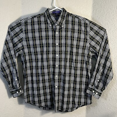 Alan Flusser Men's Button Down Shirt Black/White/Yellow Plaid XL