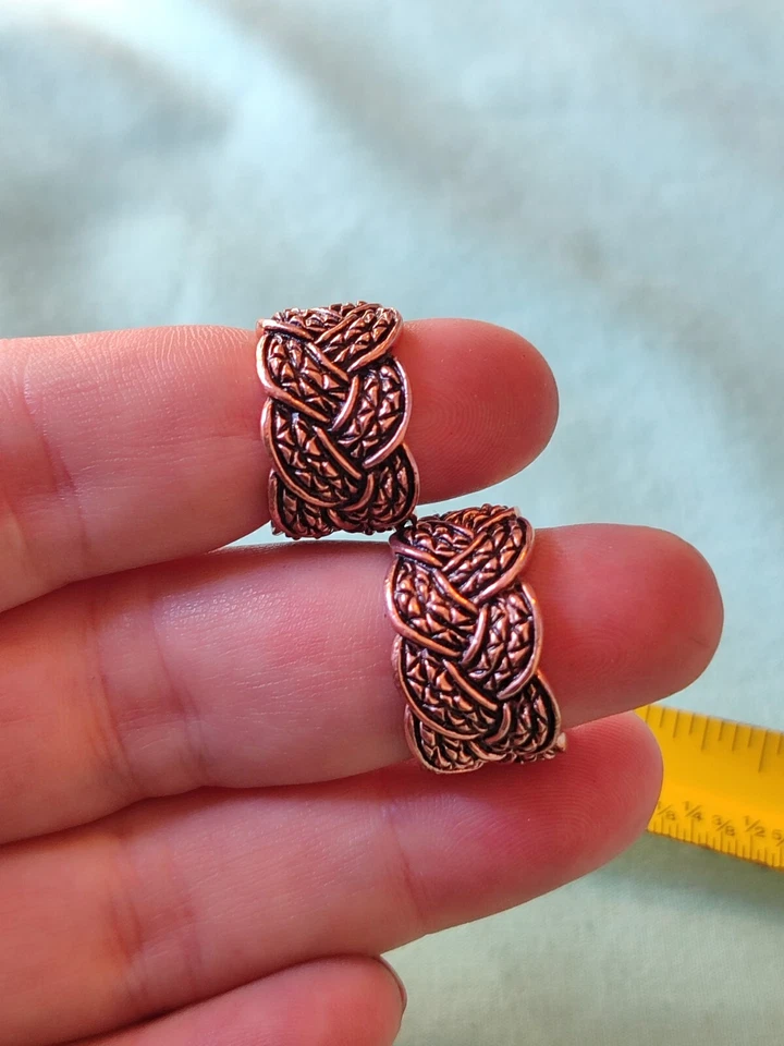 Pendientes de aro grueso de cobre macizo tailandés Barse firmados cuerda trenzada tejida Foto 3 de 4