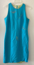 Vintage Talbots Dress Size 8 Teal Blue Green Linen Blend Embroidered Hummingbird