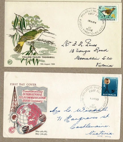 Australia 1964 1965  WCS Wesley 6d Bird ITU  FDC Cover x2 Russell St Phil Bureau