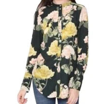 H&M Green Button-Up Blouse SIZE 4 Multicolor Bold Floral Print Mandarin Collar