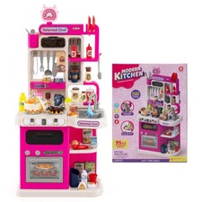 Pink Kids Corner Play Kitchen With Realistic Sounds, Lights Steam, 95PCS Acces