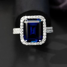 4.60 Ct Emerald Cut Natural Sapphire Diamond Promise Ring for her 14K White Gold