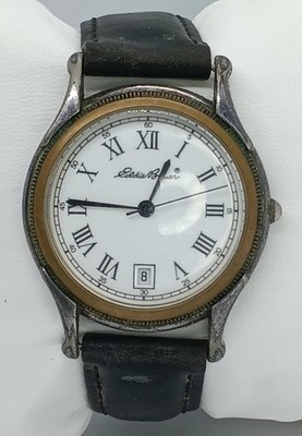 Men Eddie Bauer Watch 42102 Silver Case White Face Black Leather