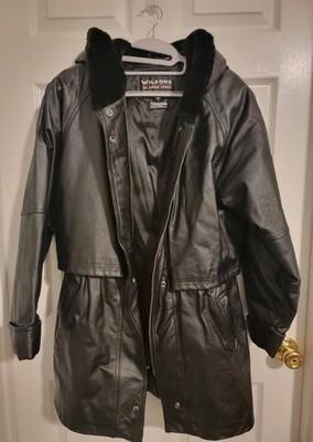 Wilsons Leather Black Hooded Mid Length Jacket Coat S Women Faux Fur Trim
