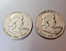 Lot of 2- 1954 US Benjamin Franklin Liberty Bell Half Dollar Silver- S222