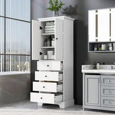 Tall Bathroom Storage Cabinet with Door Drawers Cupboard Pantry Adjustable Shelf