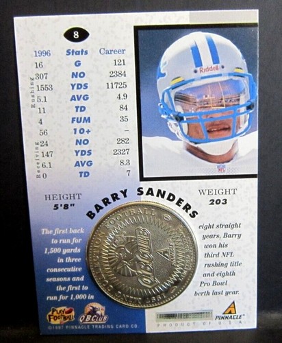 Barry Sanders 1997 Pinnacle Mint Nickel Variant Coin&Card 1:41!Lions RB HOF - Bild 2 von 2