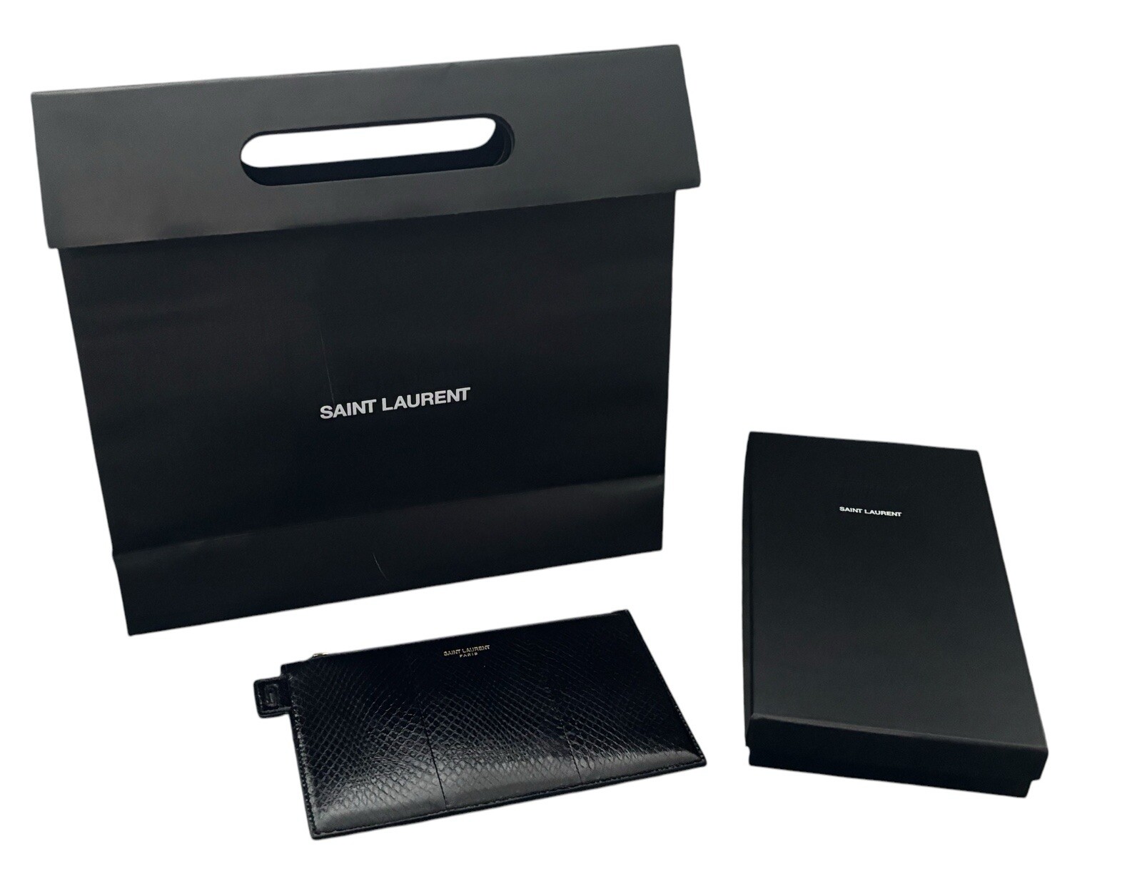 Pochette pochette pochette YSL Yves Saint Laurent nera in pelle di serpente con scatola e borsa