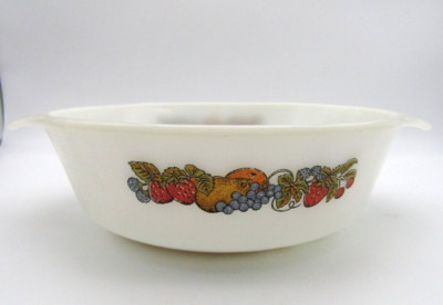 1960s Old/New Oven Proof Fire-King Anchor Hocking Round Dish Fruit Pattern Label