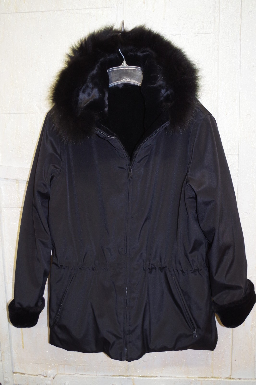 GG Marc New York Black Zip Coat Fox Fur Trim Hood Jacket XL