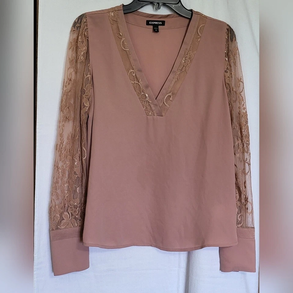 Blusa Express Mujer Rosa Polvorienta Gasa Encaje Floral Manga Larga Cuello en V Pequeña