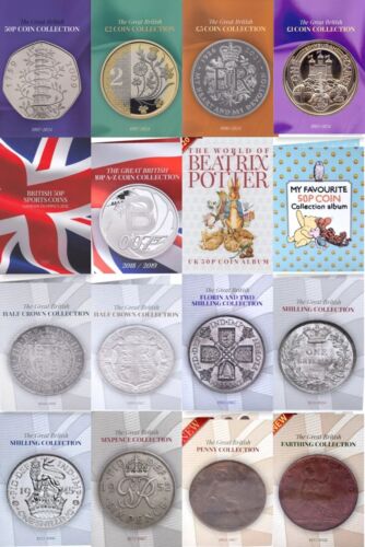 Britische Münzjagd Sammler Alben £5 £2 50p 10p Vordezimal Silber Kupfer [C] - Bild 1 von 73