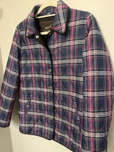 Coach Quilted Navy Blue & Purple Plaid Print Long Sleeve Snap Front Jacket Sz XS - Picture 4 of 13