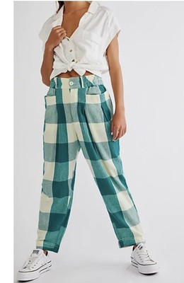  Free People Make A Stand Trousers In Spring Green Ivory Plaid Elastic M NEW
