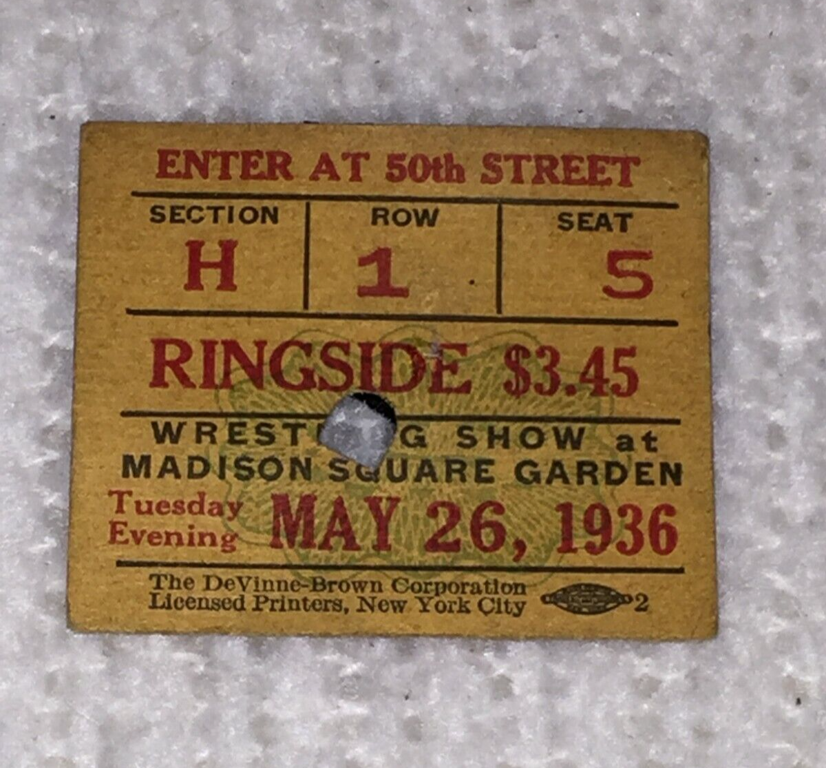 Wrestling Madison Square Garden 5/26/1936 Vintage Original Ringside Ticket