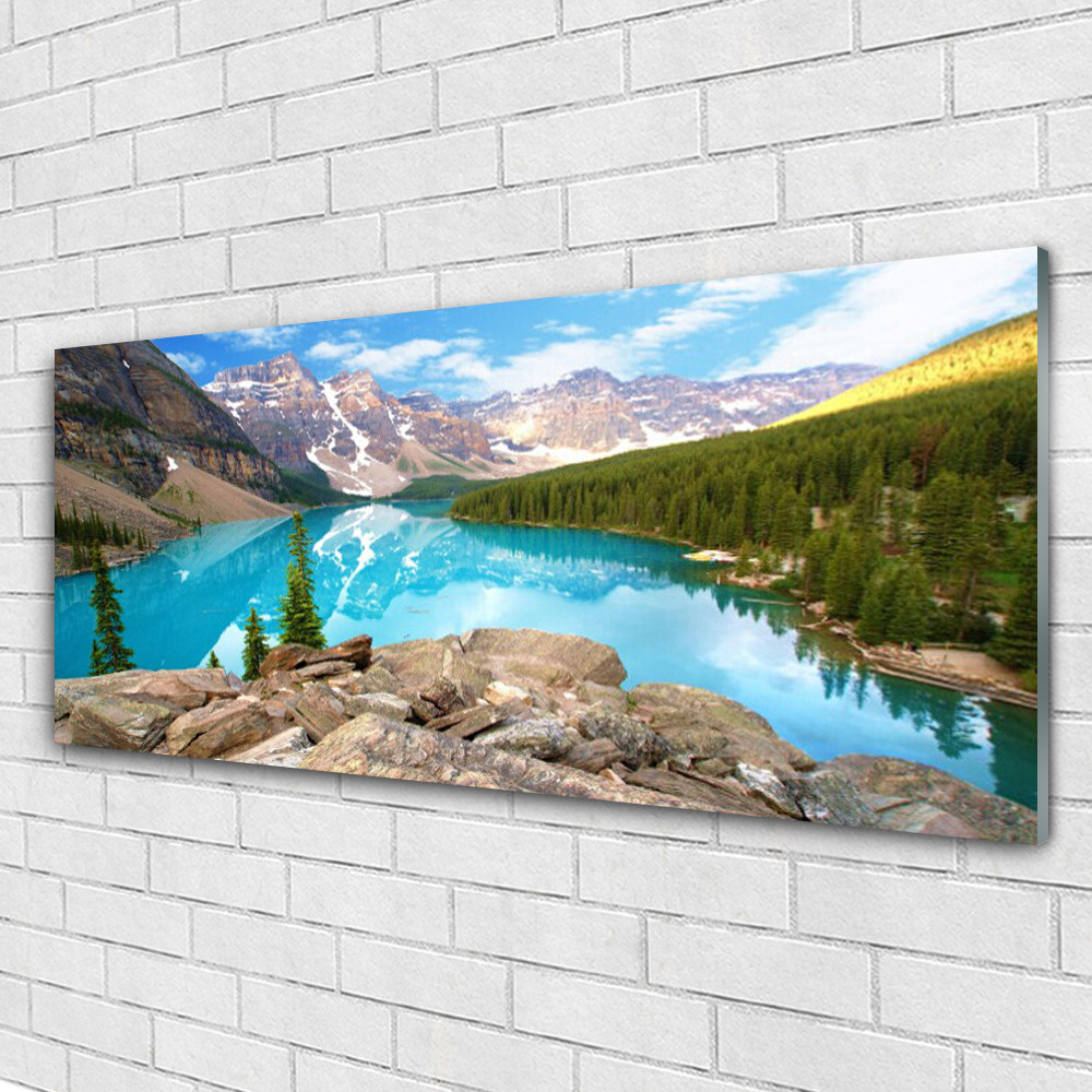 Tableau mural horizontal nature montagnes lac forêt en Plexiglas® de 125x50 cm