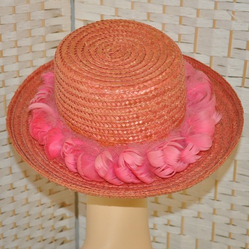 VTG Happy Cappers Rosa Naranja Paja Sombrero Plumas Rosa Brillante El Campo Co Tejido - Imagen 6 de 9