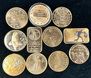 11x 1 oz .999 Copper Rounds & Bar Lot – Mixed Designs – Toned/Tarnished - Geiger