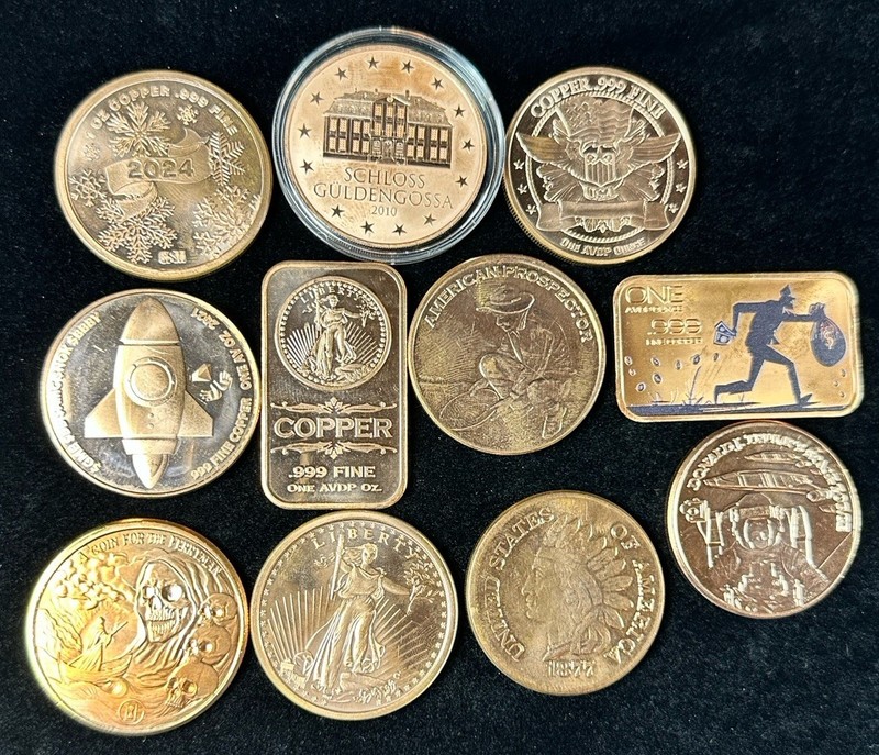11x 1 oz .999 Copper Rounds & Bar Lot – Mixed Designs – Toned/Tarnished - Geiger